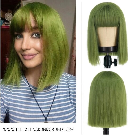 Short 10 inch Green Synthetic  Bob Wig with Bangs - Sage - Picture 1 of 1
